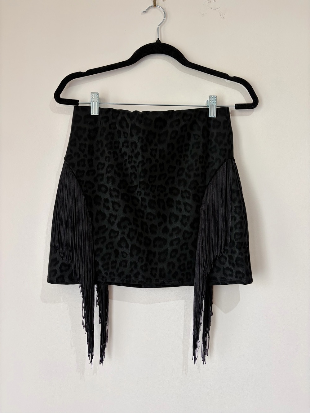 Western Cowgirl Cowboy Black Leopard-Print Fringe Mini Skirt